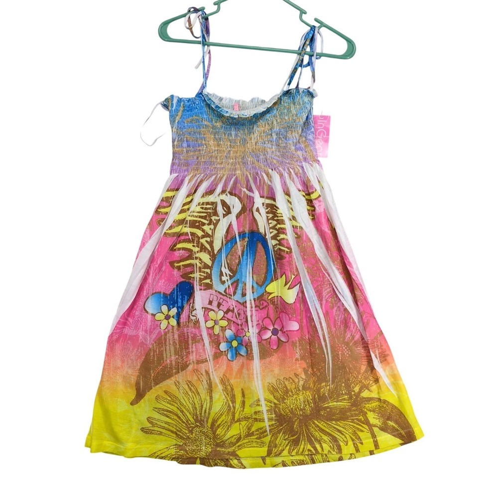 NWT InGear Pink Wing Peace Graphic Mini Dress Sz XL Smocked Tie Straps Y2K Beach